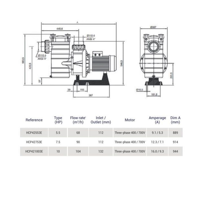 Насоси для басейнів Насос Hayward HCP421003E KAL1000T2 IE3 (380В, 104 м3/год, 10HP)